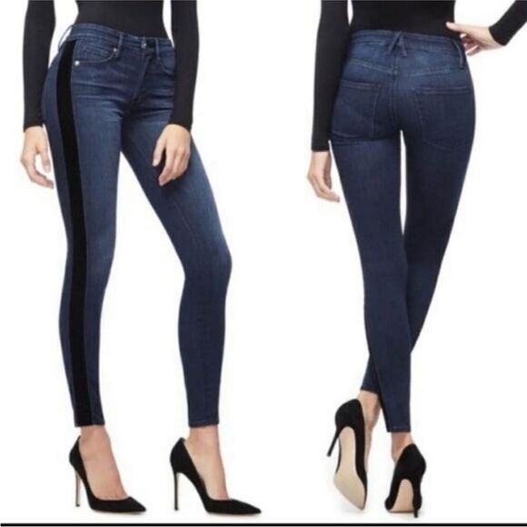 Good American blue black velvet striped good waist jeans SZ 0/25 tuxedo stripe - Picture 3 of 10